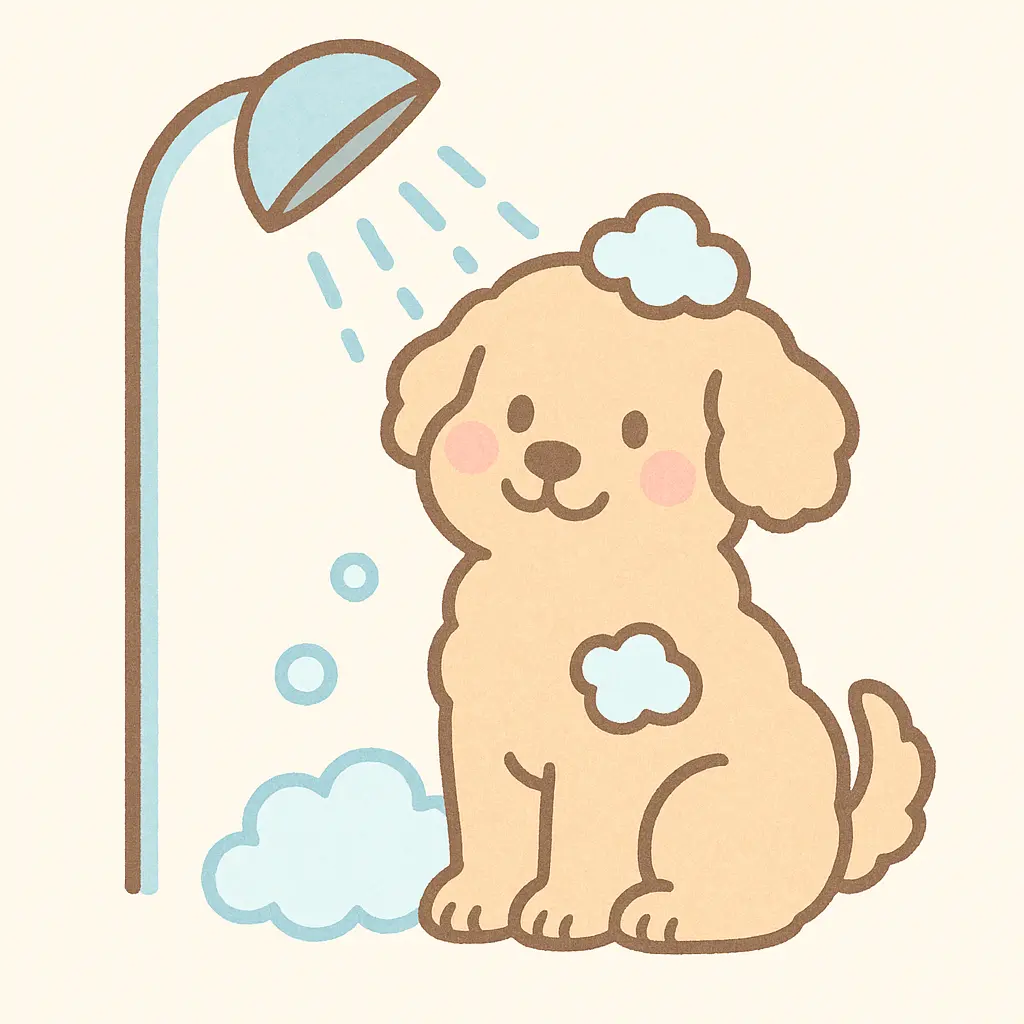 わんちゃんがシャワーを浴びている画像